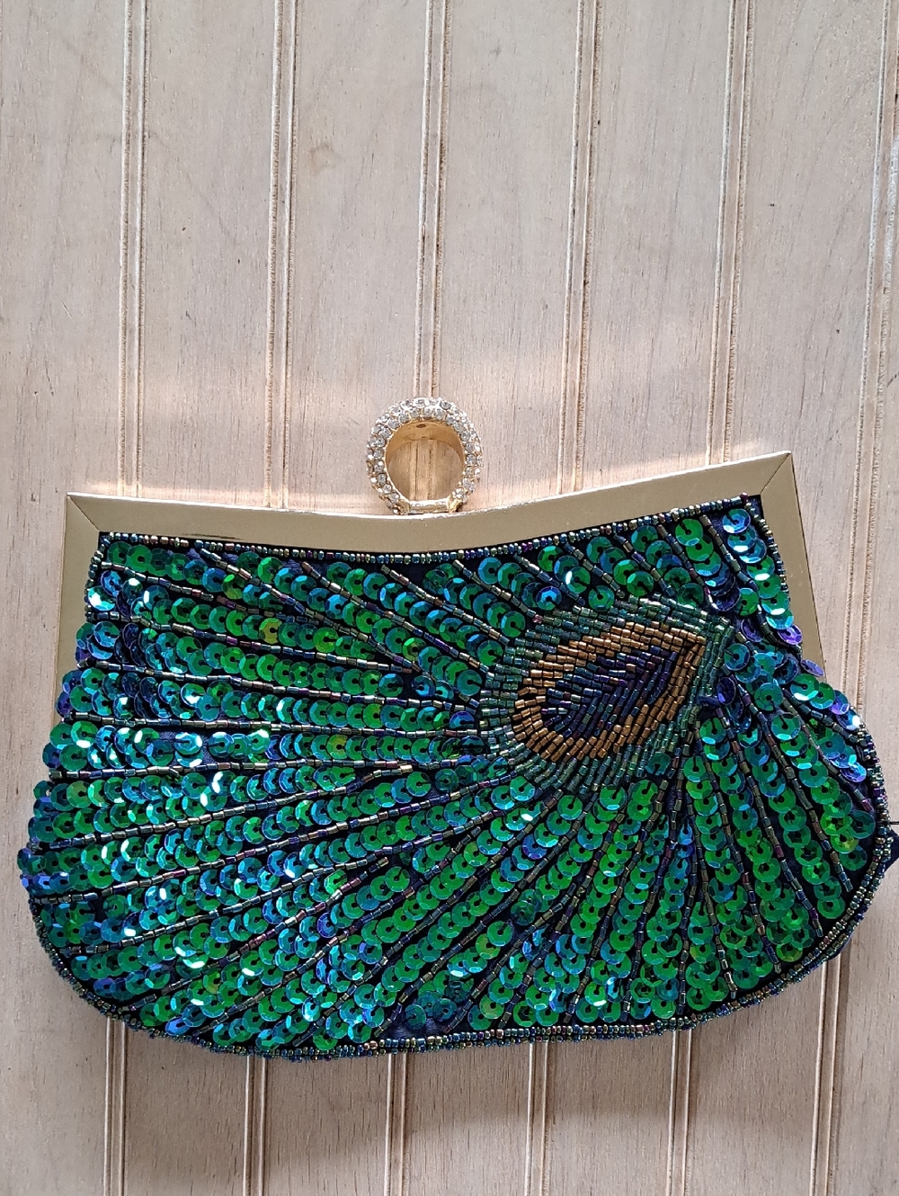 Peacock Sequin Clutch Evening Bag Rhinestone Ring Handle Glam Statement - Picture 5 of 11